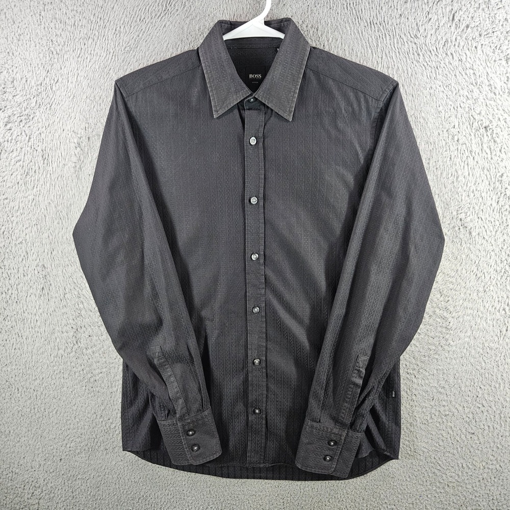 Hugo Boss Lucas Fitted Dress Shirt‎ Mens Small Gray Dobby Stripe Cotton